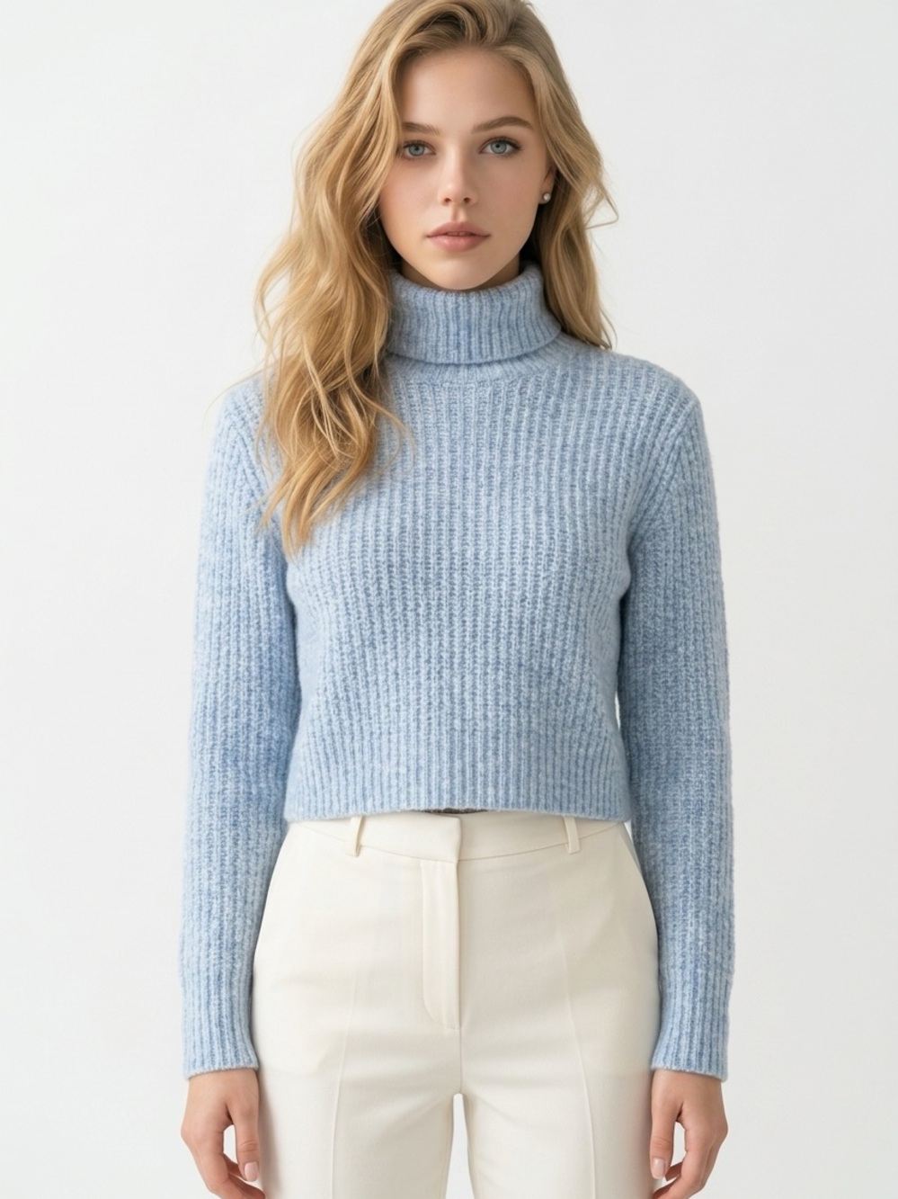 ZARA | Baby Blue Mock Neck Cropped Ribbed Sweater Women’s Size Medium